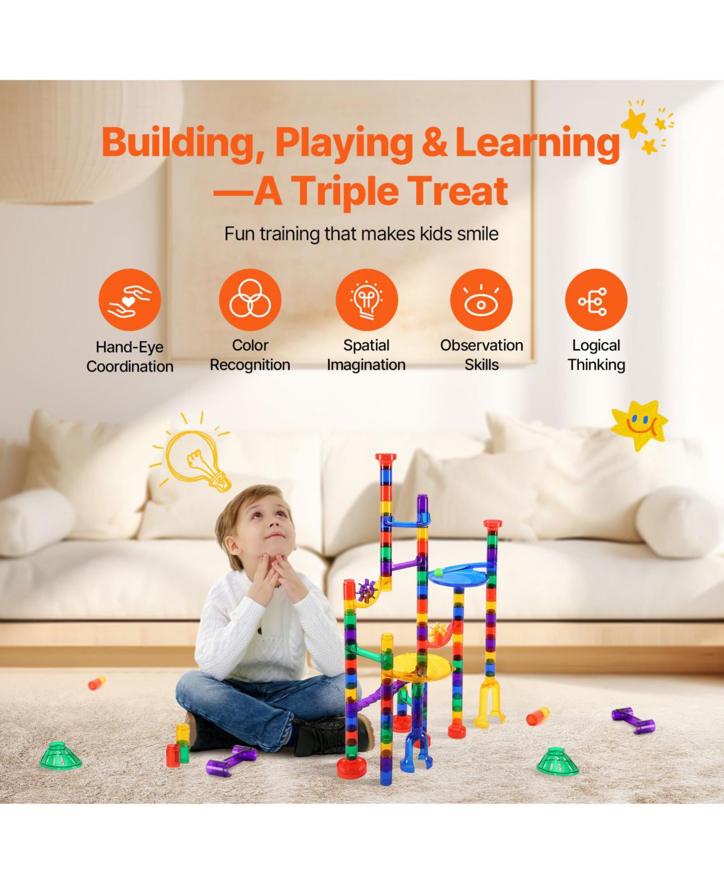 Детский конструктор SUGIFT Glow-in-the-Dark Easy-Connect 110-Piece Marble Run Building Set, Ages 3+, цвет: Assorted Pre-Pack — фото 2