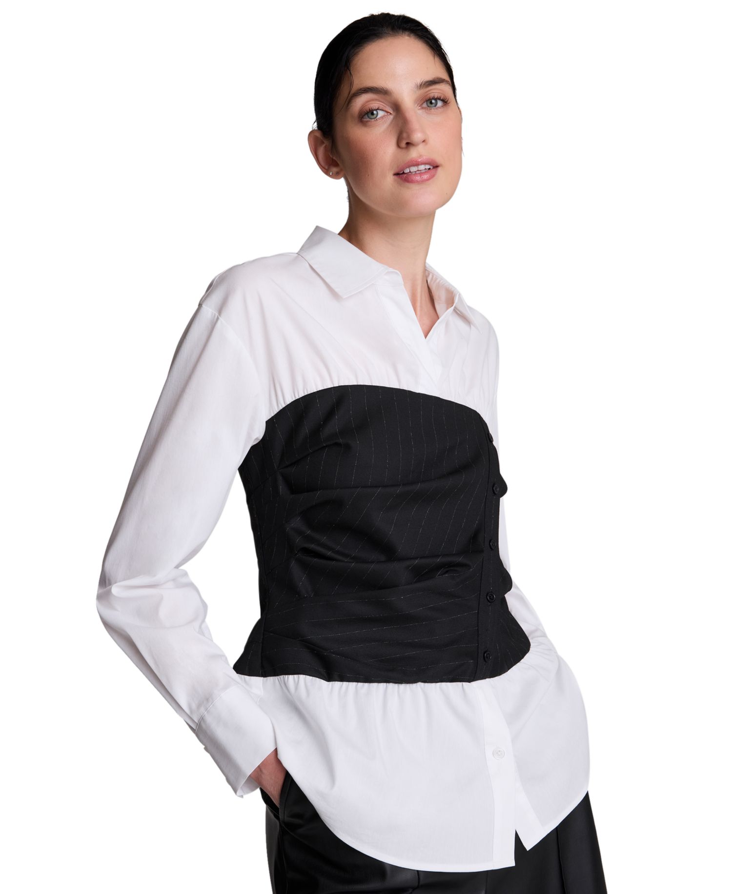 Women's Poplin Long Sleeve Shirt with Pinstripe Bustier