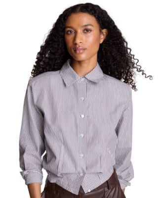 Women's Striped Shoulder Pads Button-Down Crop Shirt