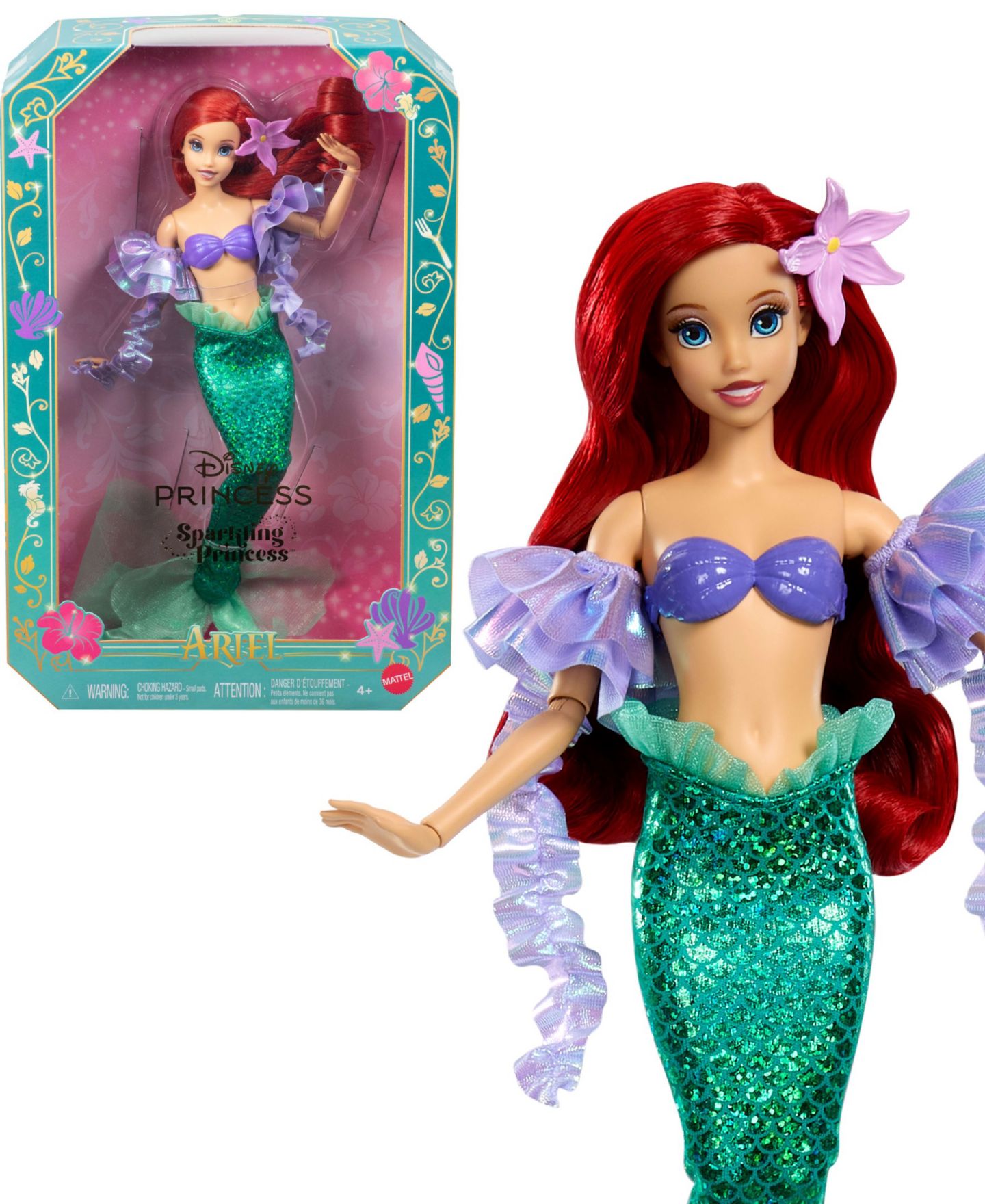 Детская кукла Disney Princess Sparkling Princess Series Ariel Removable Tail & Sleeves Fashion Doll, Ages 4+ — фото 2
