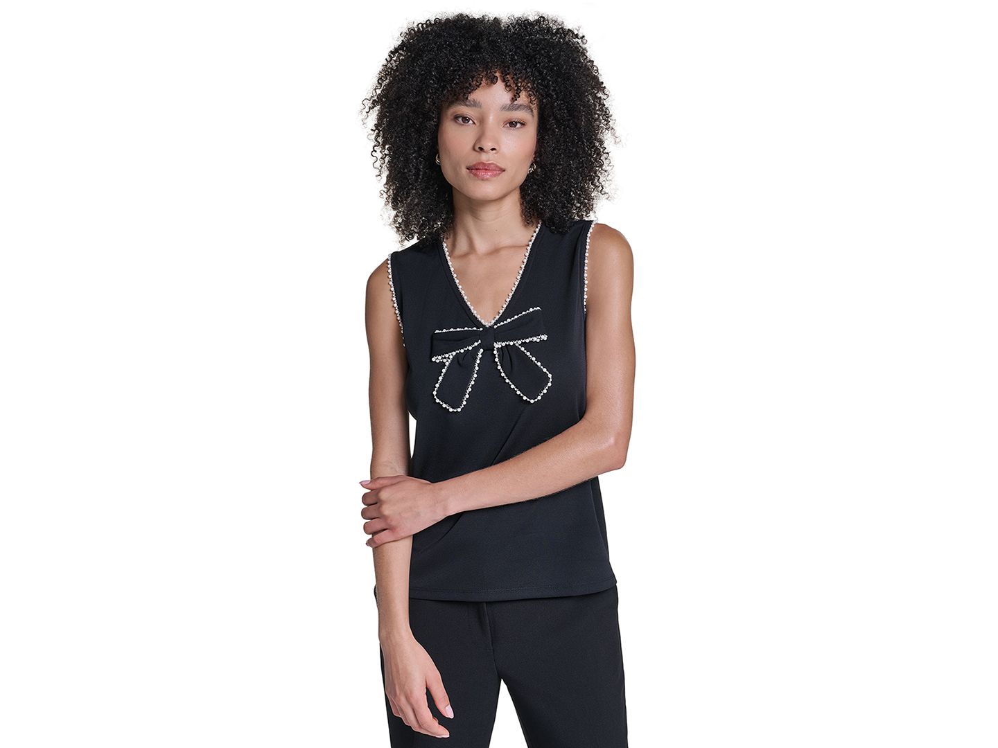 Женская блузка KARL LAGERFELD PARIS Petite Sleeveless V-Neck Bow Detail Blouse, цвет: Чёрный — фото 8