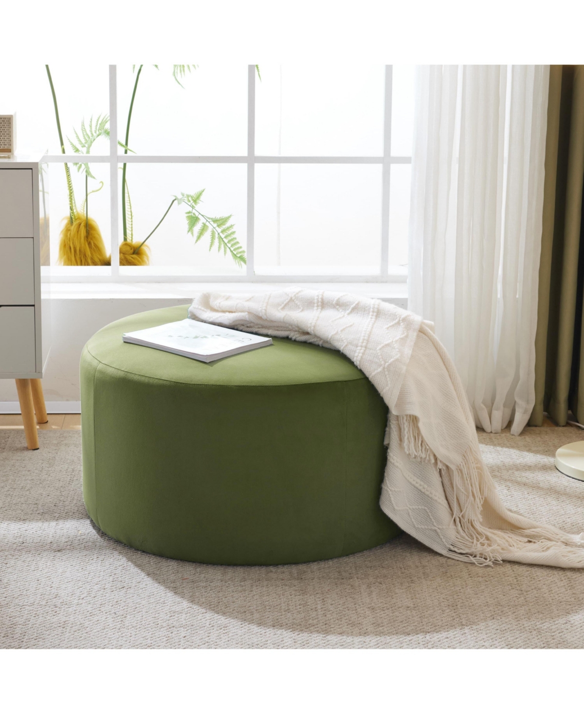 Round Velvet Upholstered Ottoman, Modern Minimalist Design, Versatile as Footrest, Extra Seating or Coffee Table-The Pop Home