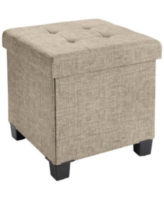 Foldable Tufted 15 Inch Square Linen Storage Ottoman with Legs