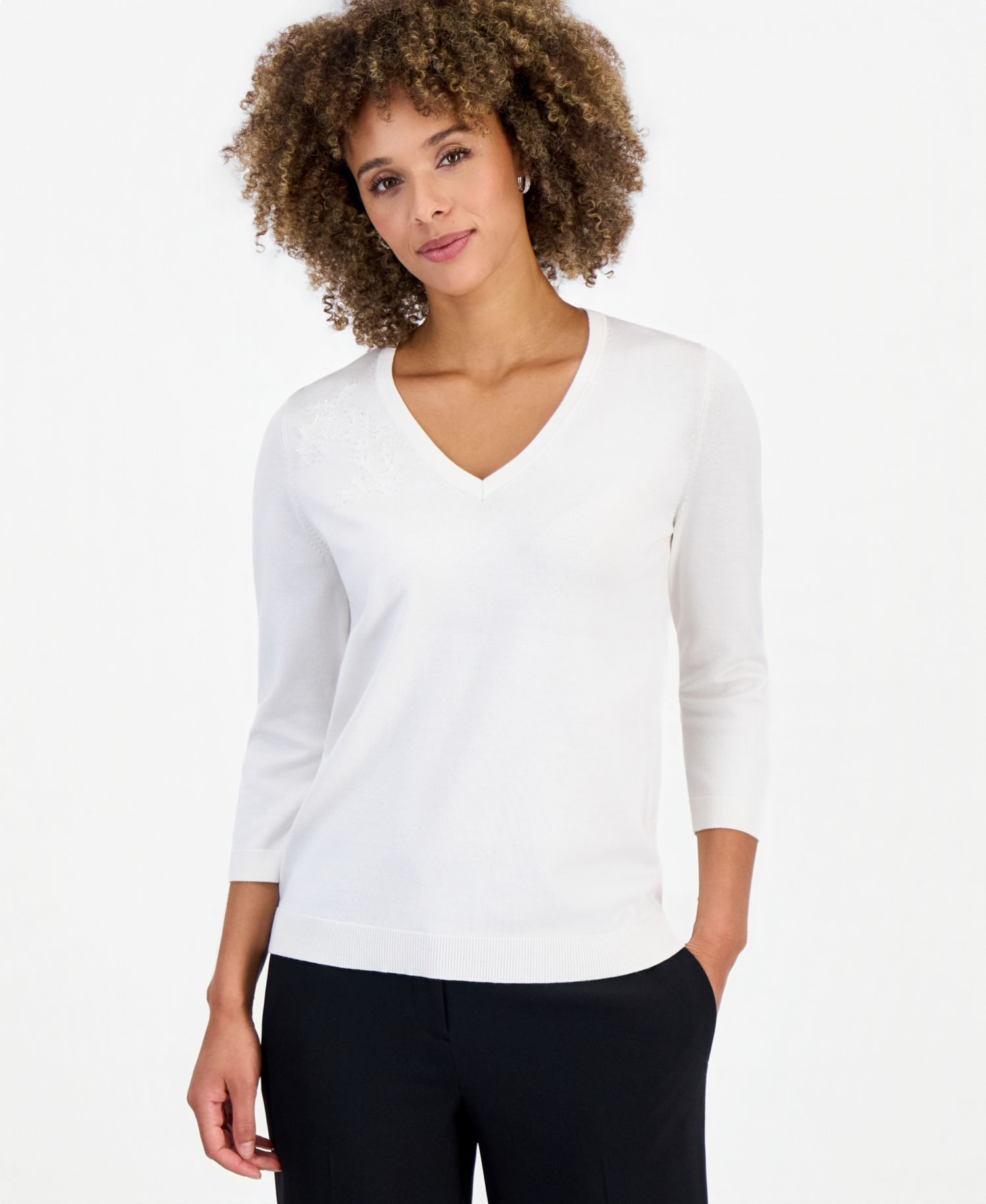 Women's 3/4-Sleeve V-Neck Lace-Applique Sweater