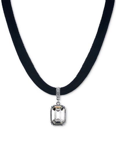 2028 Silver-Tone Black Velvet Crystal Pendant Choker Necklace