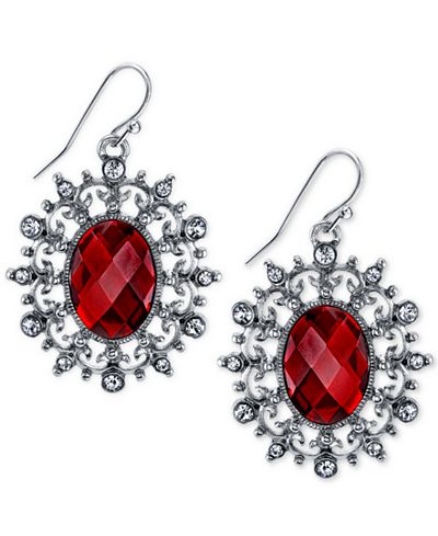 2028 Silver-Tone Red Oval Filigree Drop Earrings