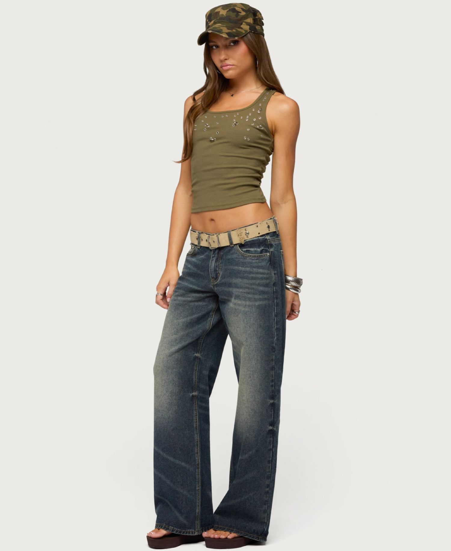 Womens Pierced Grommet Ribbed Tank Top