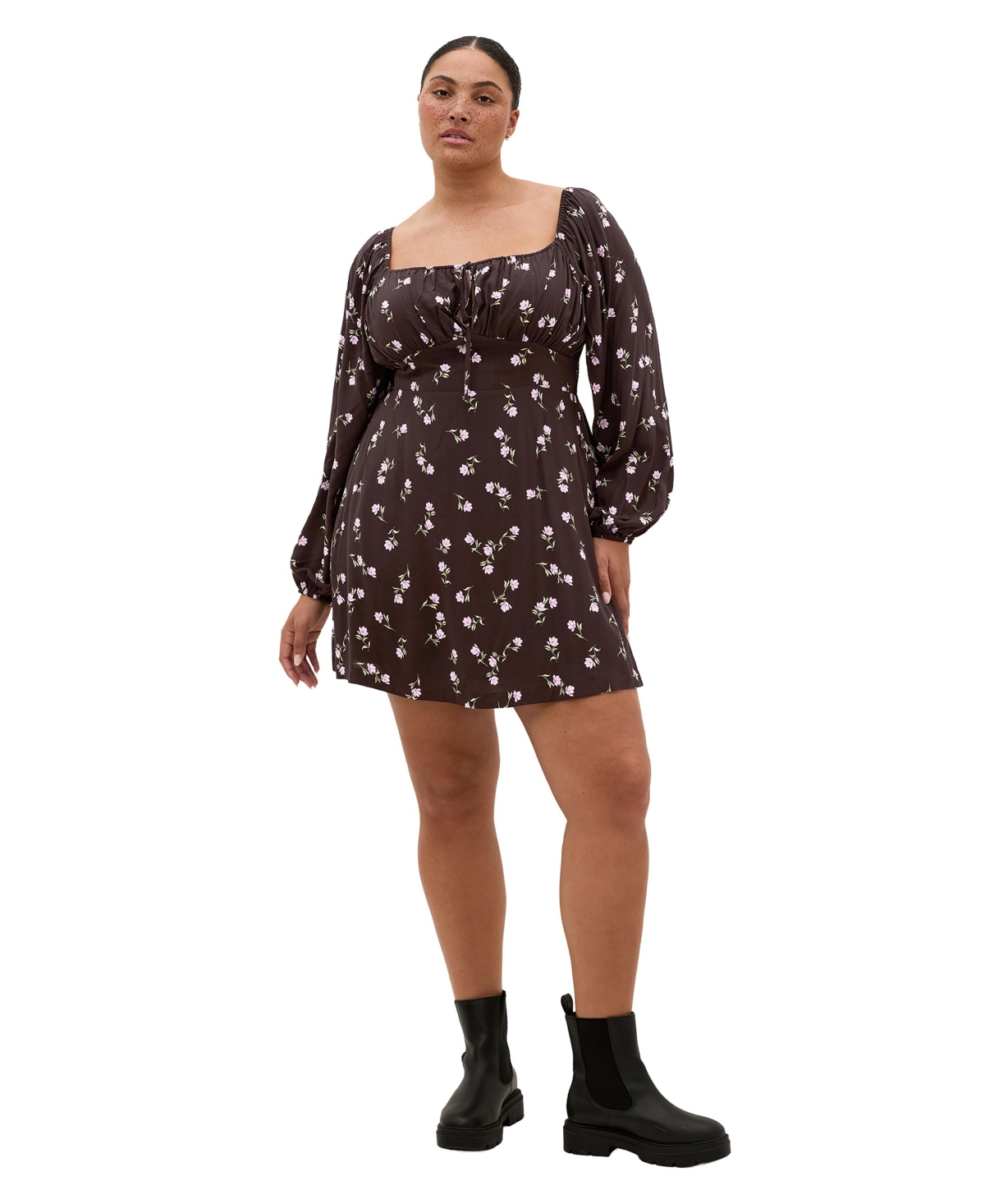 City Chic Plus Size Aire Field Print Long Sleeve Mini Dress - Strawberry fields
