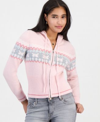 Juniors' Fair Isle Double Zip Hooded Cardigan