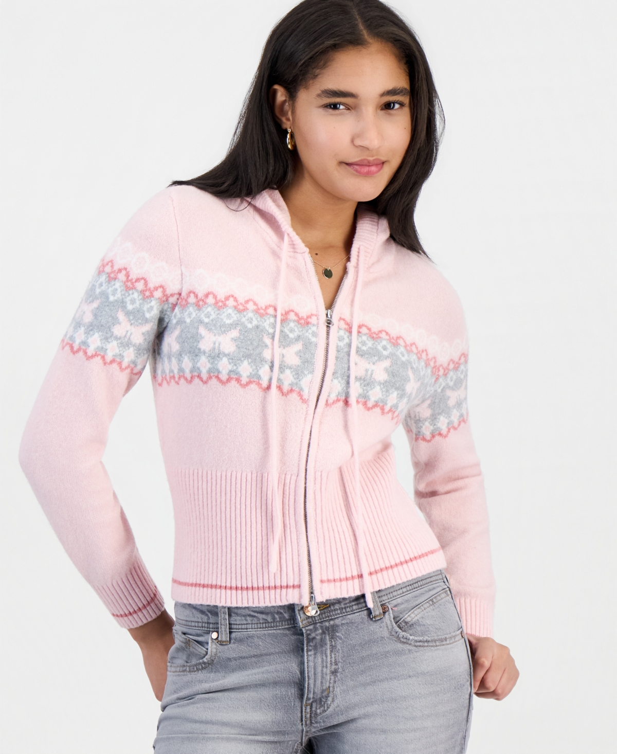 Madden Girl Juniors' Fair Isle Double Zip Hooded Cardigan In Ballet Slipper