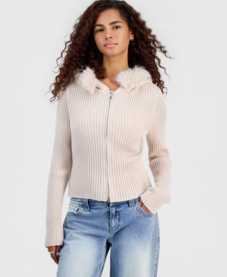 Juniors' Full-Zip Hooded Faux Fur Trim Cardigan