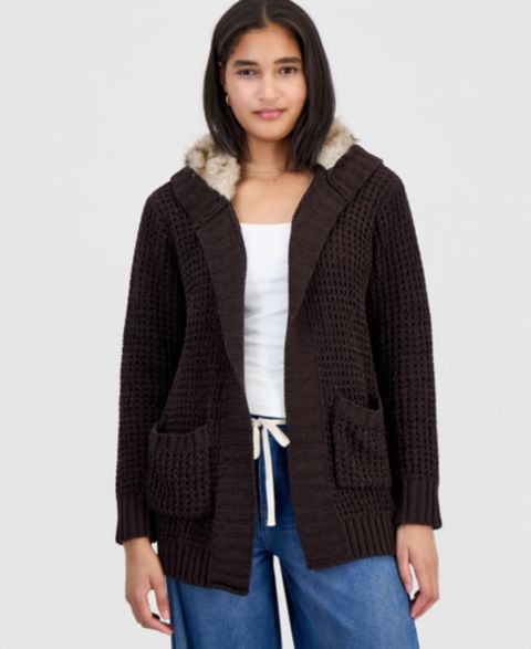 Женский кардиган Madden Girl Juniors' Hooded Open-Front Faux-Fur-Lined, цвет: Шоколадный