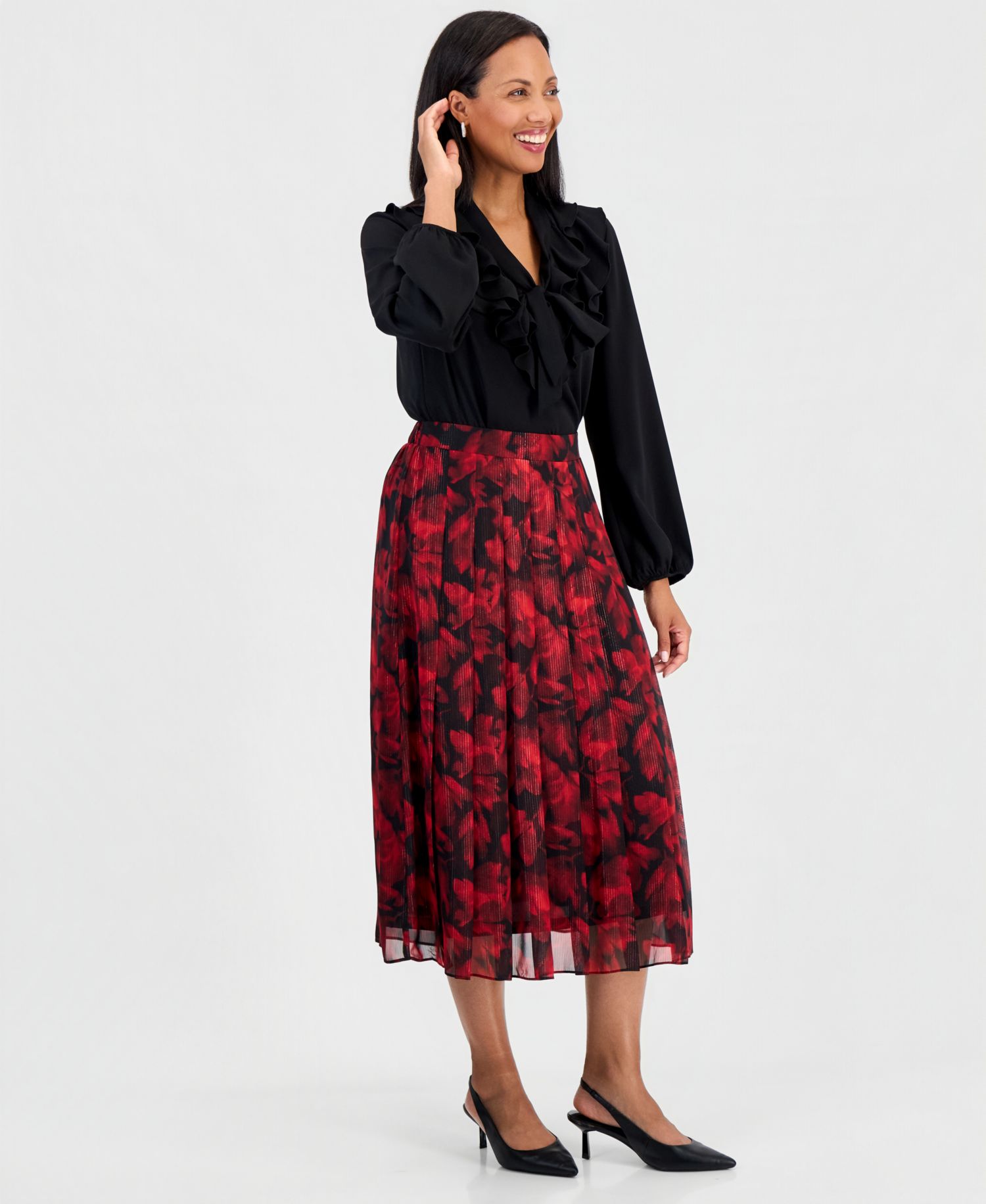 Petite Pleated Midi Lined Chiffon Skirt