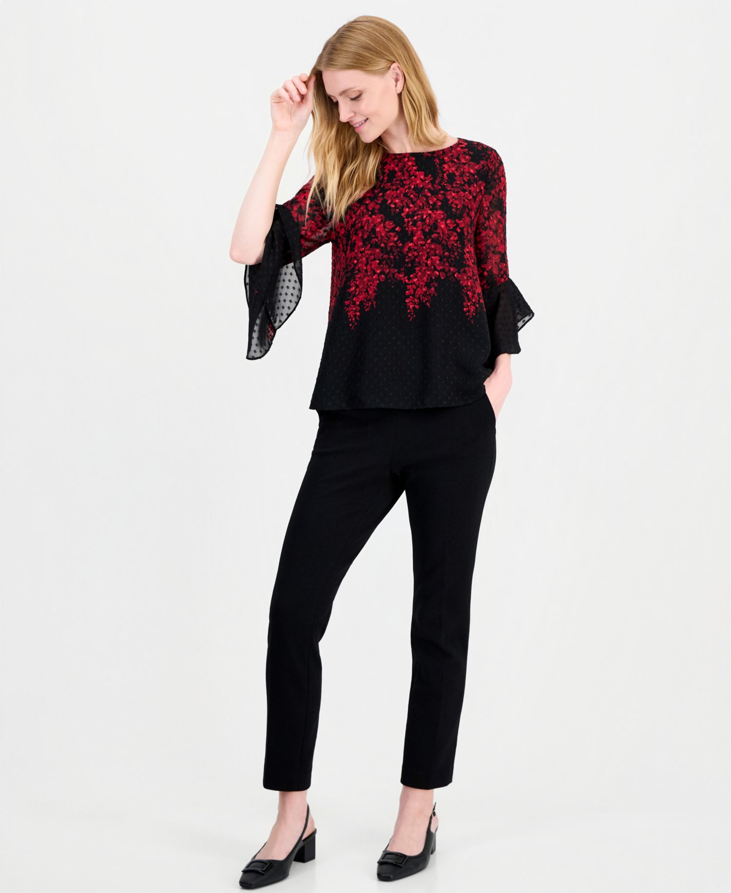 Petite Ruffle-Sleeve Floral Boat-Neck Blouse