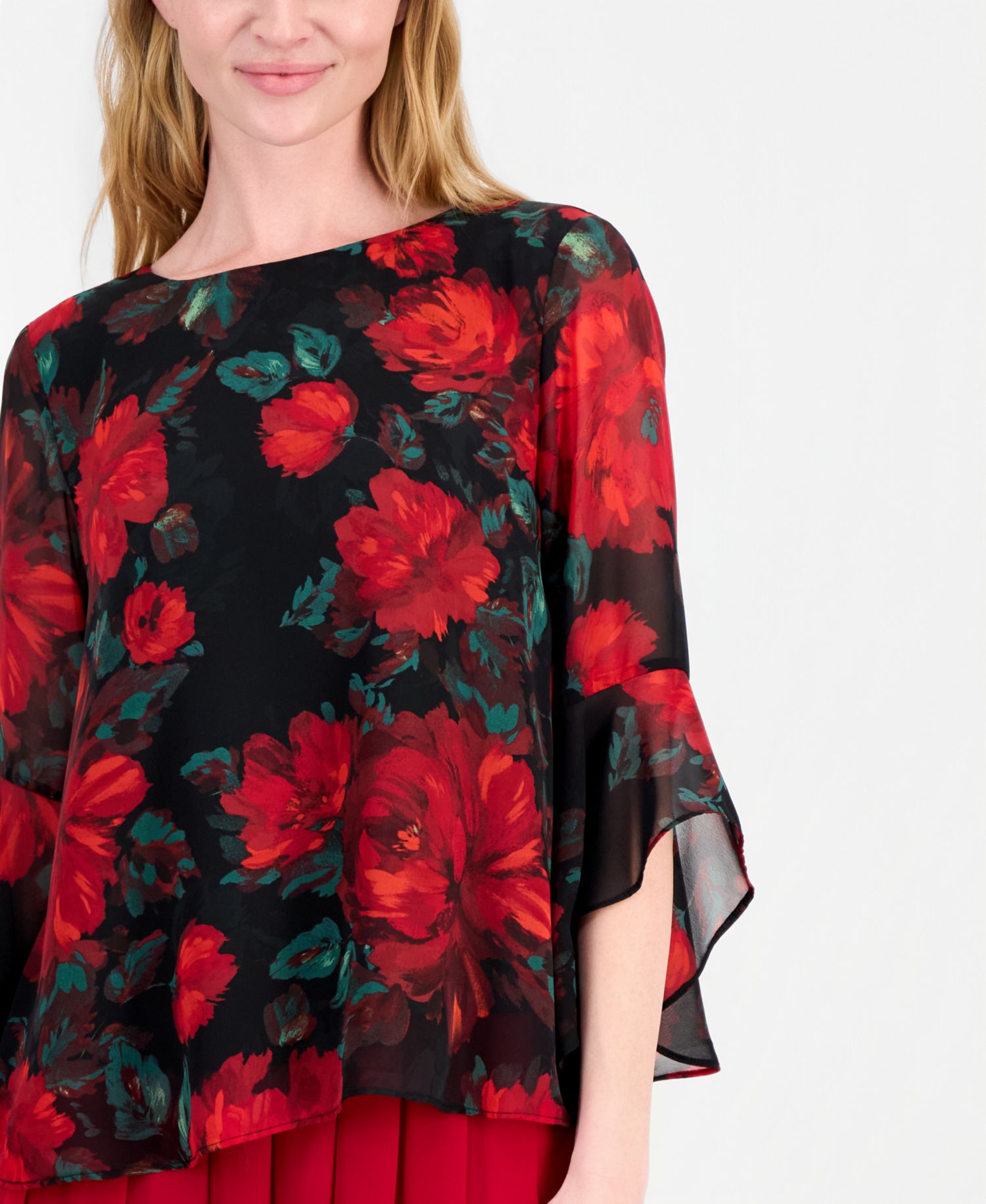Women's Ruffle 3/4-Sleeve Boat Neck Floral Blouse