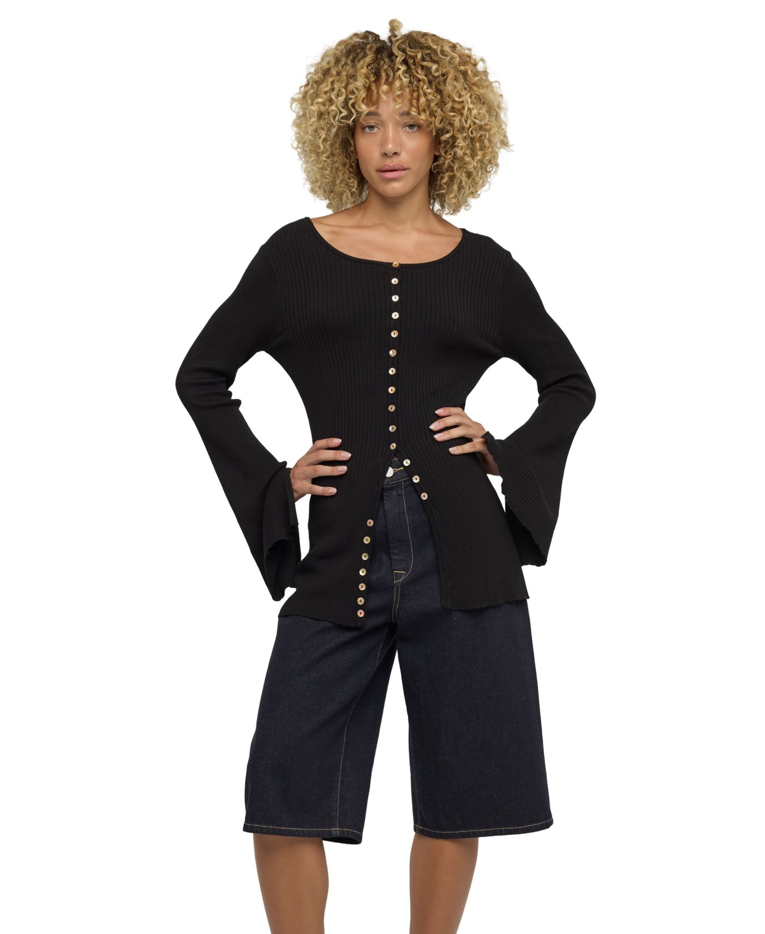 Women's Ribbed-Knit Bell-Sleeve Button-Up Top
