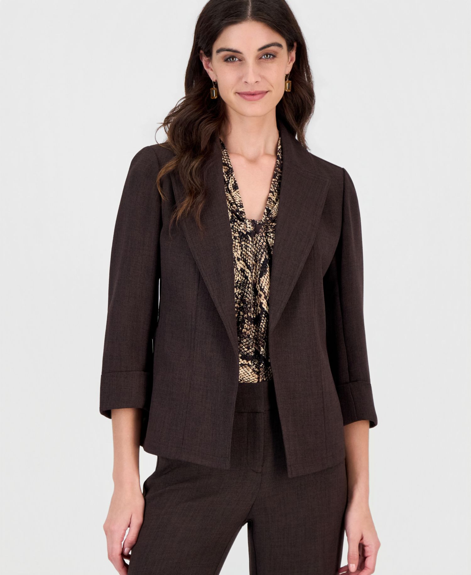 Women's 3/4 Sleeve Pebble Crepe Open Front Jacket with Zipper Pockets