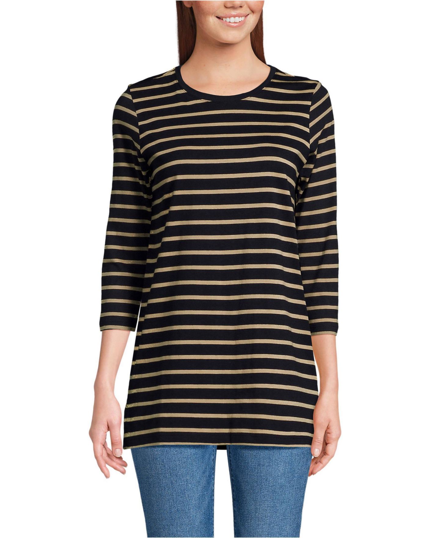 Женский топ Lands' End 3/4 Sleeve Cotton Supima Tunic, цвет: Чёрный / Миндальный рыжевато-коричневый полосатый — фото 1