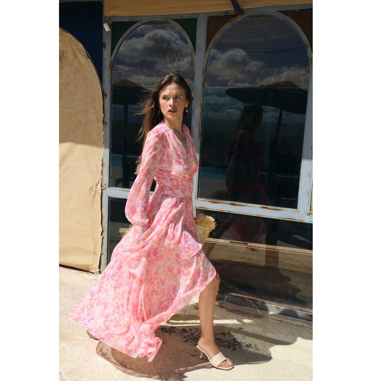 Women's Romance V-Neck Long-Sleeve Floral-Print Maxi Dress