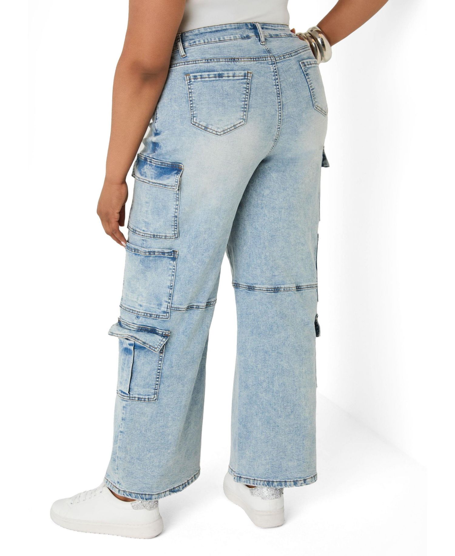 Plus Size Cargo Acid Wash High-Waisted Jeans
