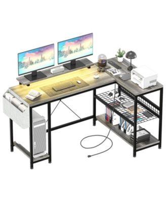 49" L Shaped Computer Desk with Power Outlet and LED Lights,Reversible Corner Writing Table,Storage Shelves, Monitor Stand