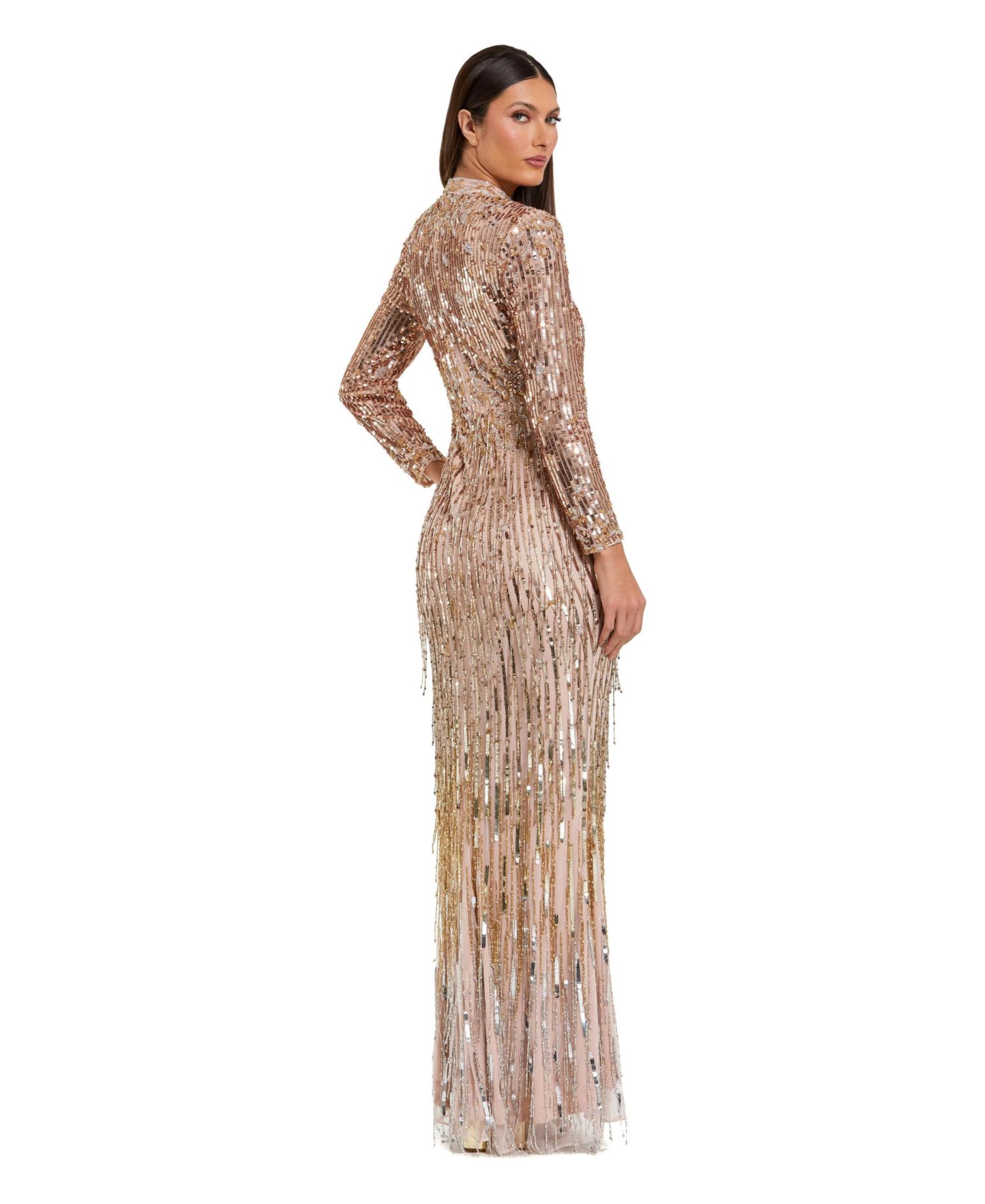 Women's Long-Sleeve Ombre Sequin Fringe Gown
