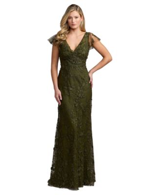 Women's Floral-Print Embroidered Appliqu&eacute; Flutter Sleeve Gown