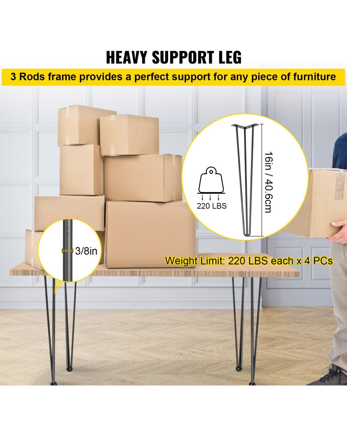 Sugift Hairpin Table Legs Set of 4, 16" Heavy Duty, 880lbs Load Capacity