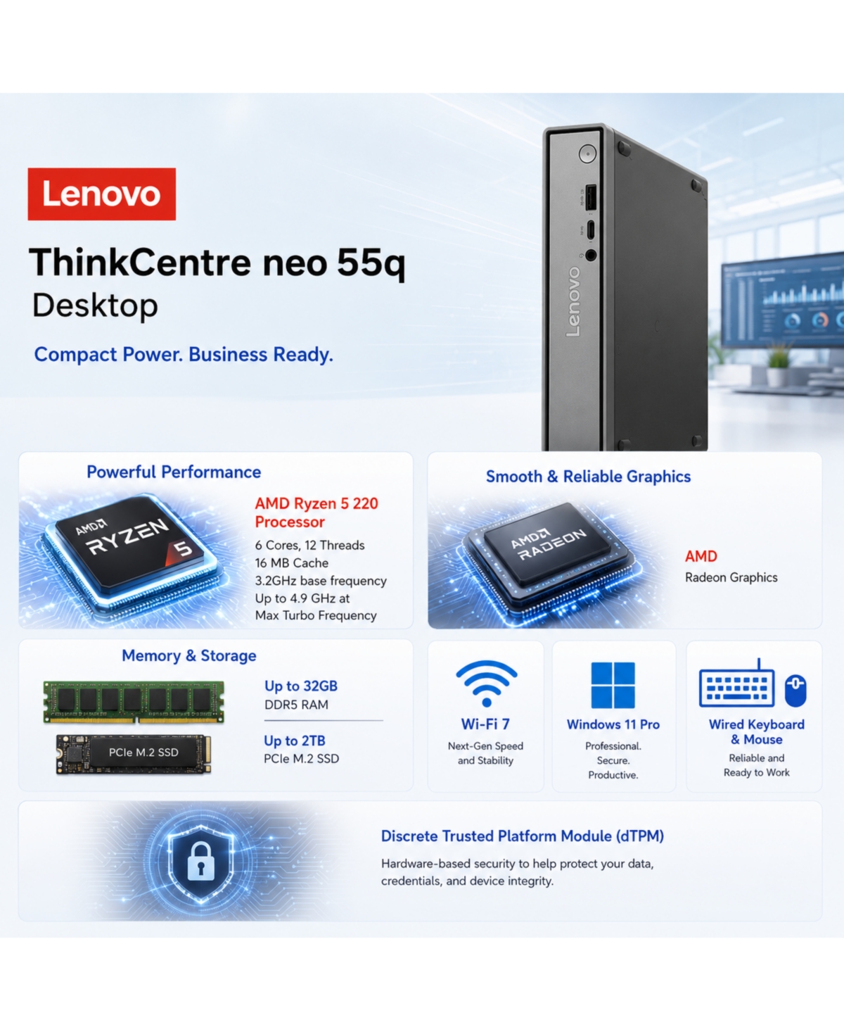 Lenovo ThinkCentre neo 55q Gen 6 Business Desktop, Amd Ryzen 5 220, 32GB DDR5, 2TB Ssd, Windows 11 Pro, Wired Keyboard and Mouse