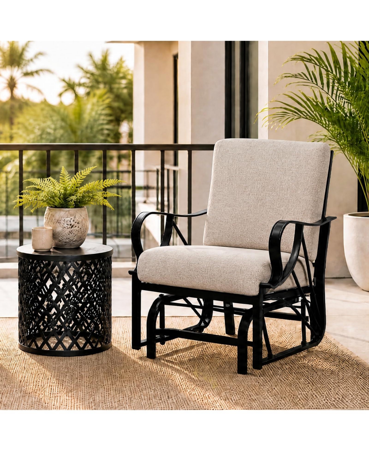 homfan Porch Glider with Removable Cushion, Outdoor Glider Rocking Chair with Heavy-Duty Metal Frame, Curved Armrests for Patio