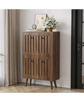 23.6-Inch Mid-Century Modern Shoe Cabinet, Freestanding Entryway Storage with Vertical Grooved Finish and 2 Flip Drawers for Hallway