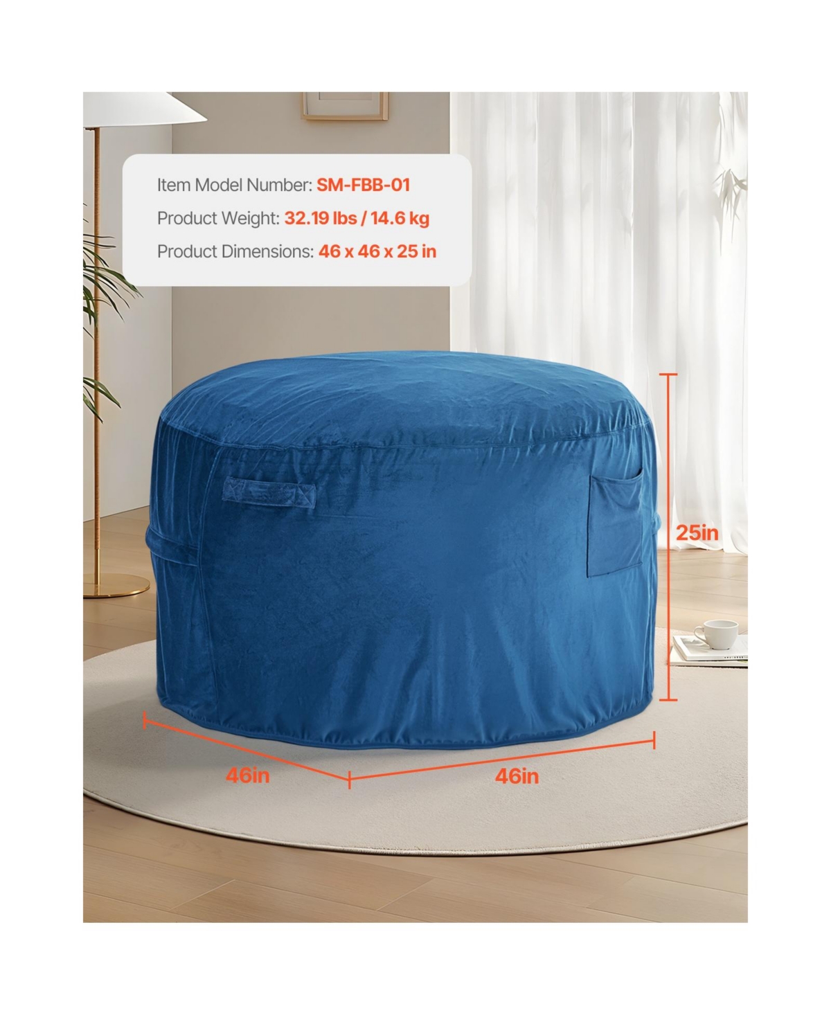 Sugift Round Bean Bag Chair with Removable Washable Cover Dutch Velvet Foam Filling Side Pocket