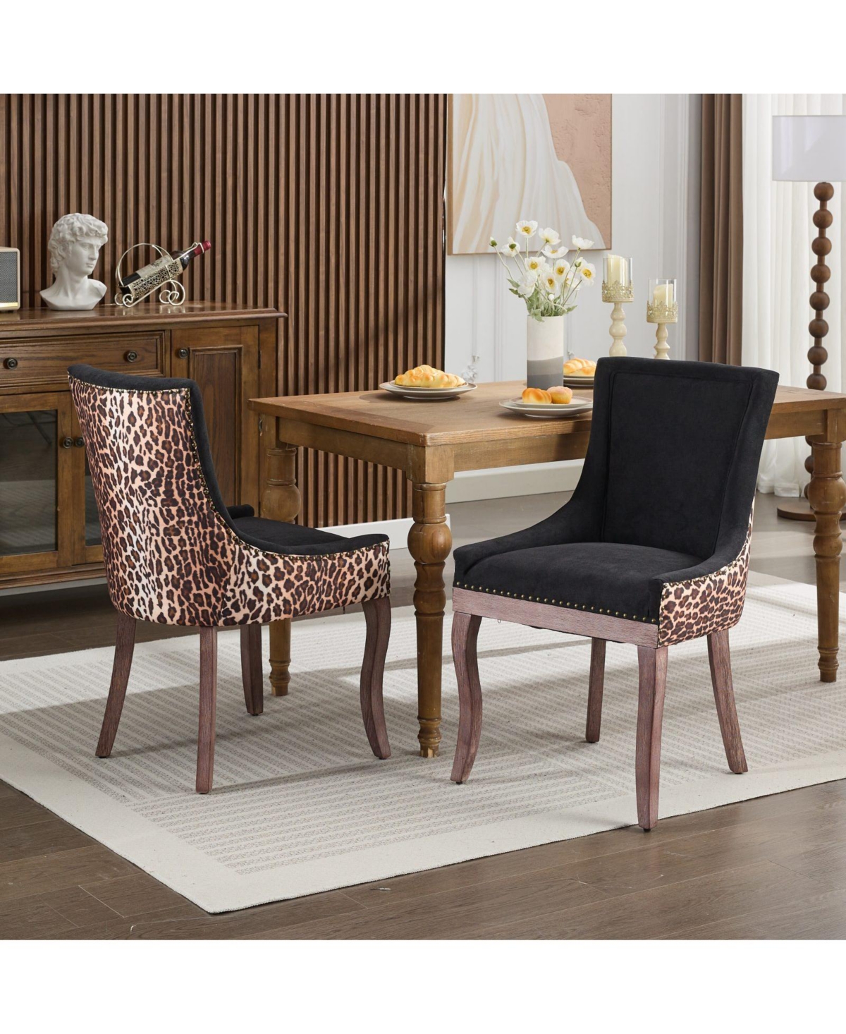 Flynama Set of 2 Fabric Solid Wood Nailhead Trim Mid-Century Dining Chairs