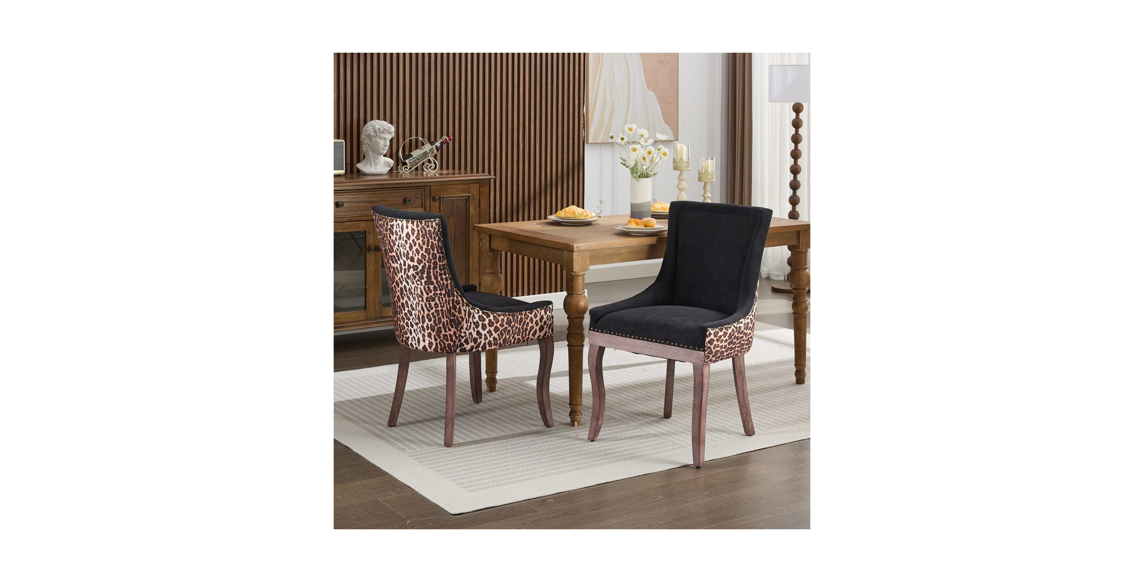 Flynama Set of 2 Fabric Solid Wood Nailhead Trim Mid-Century Dining Chairs