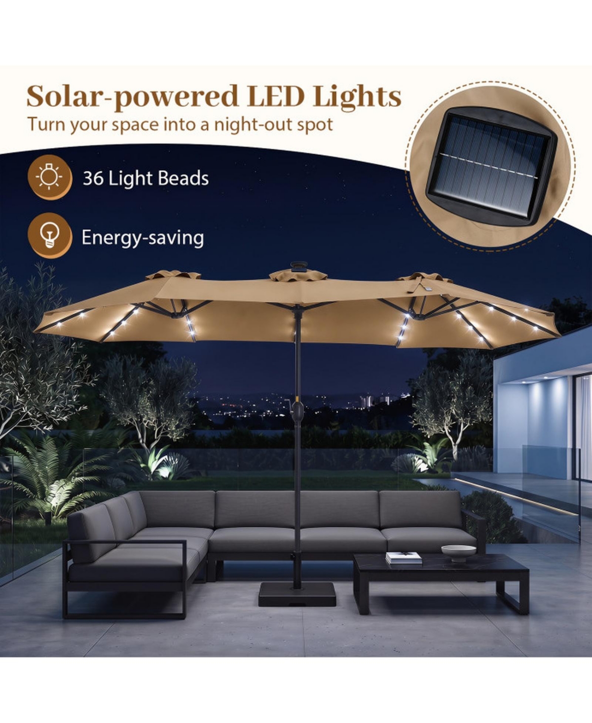 Sugift 13 Feet Double-Sided Rectangle Patio Umbrella with 36 Led Lights