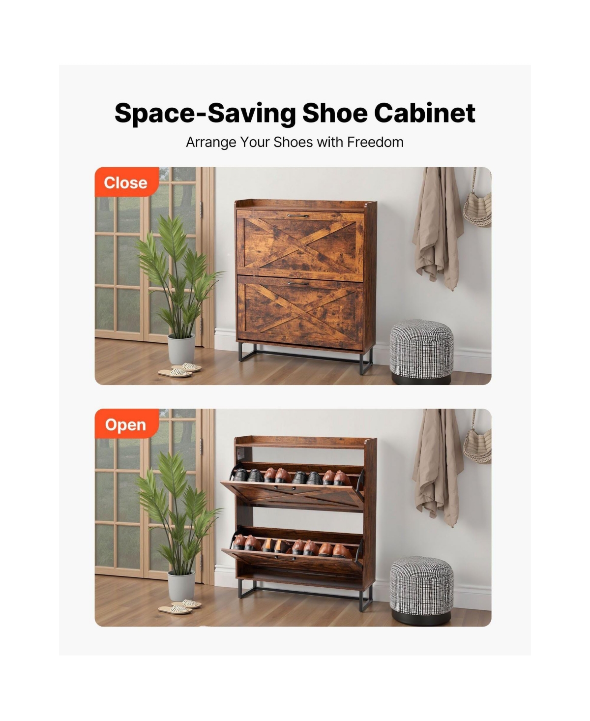 Slickblue Farmhouse Shoe Cabinet with 2 Flip Drawers, Freestanding Shoe Storage Organizer for Entryway