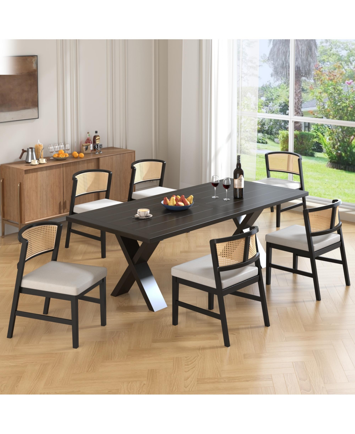 Flynama Set of 2 Rubber Wood Upholstered Rattan Back Dining Chairs