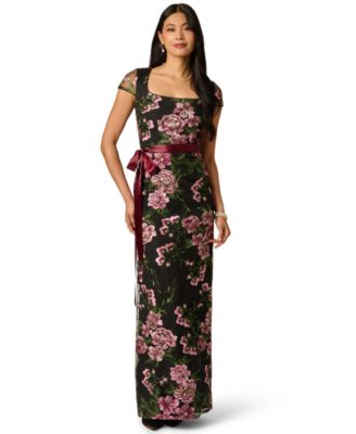 Women's Cascading Floral Column Square-Neck Gown
