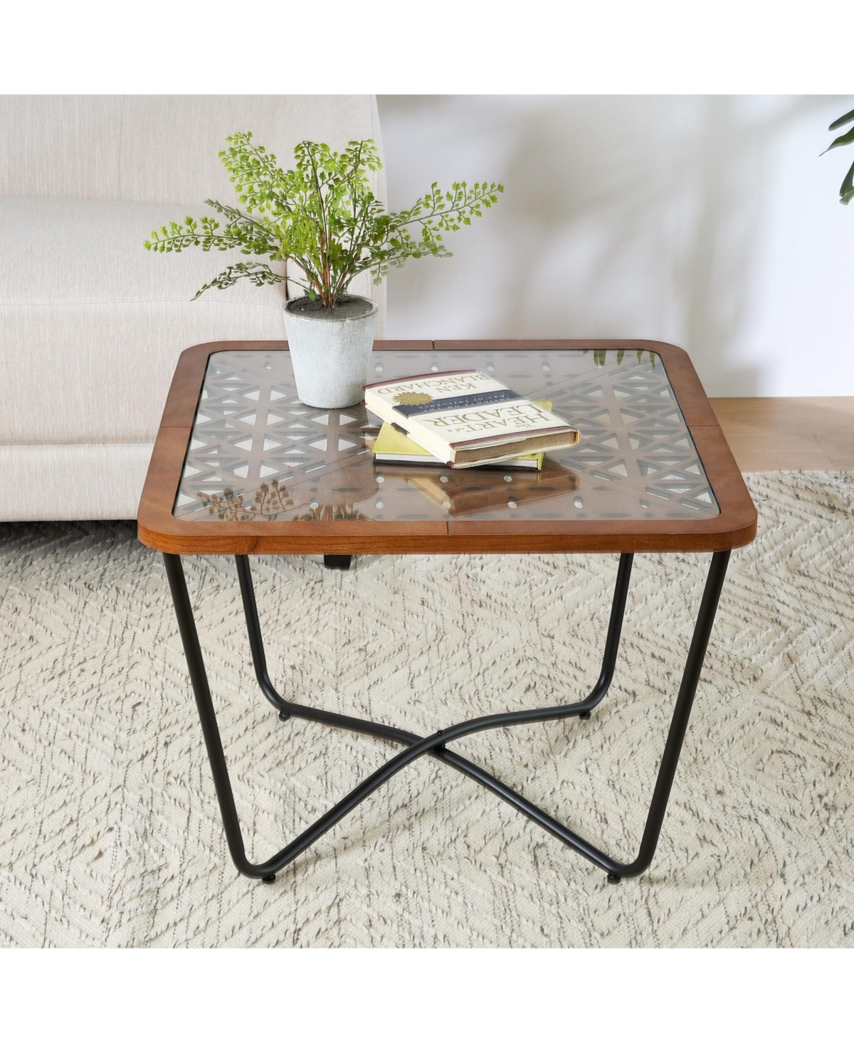 flynama Modern Industrial Square Coffee Table Glass Top Metal Frame Wooden Accent Living Room Table