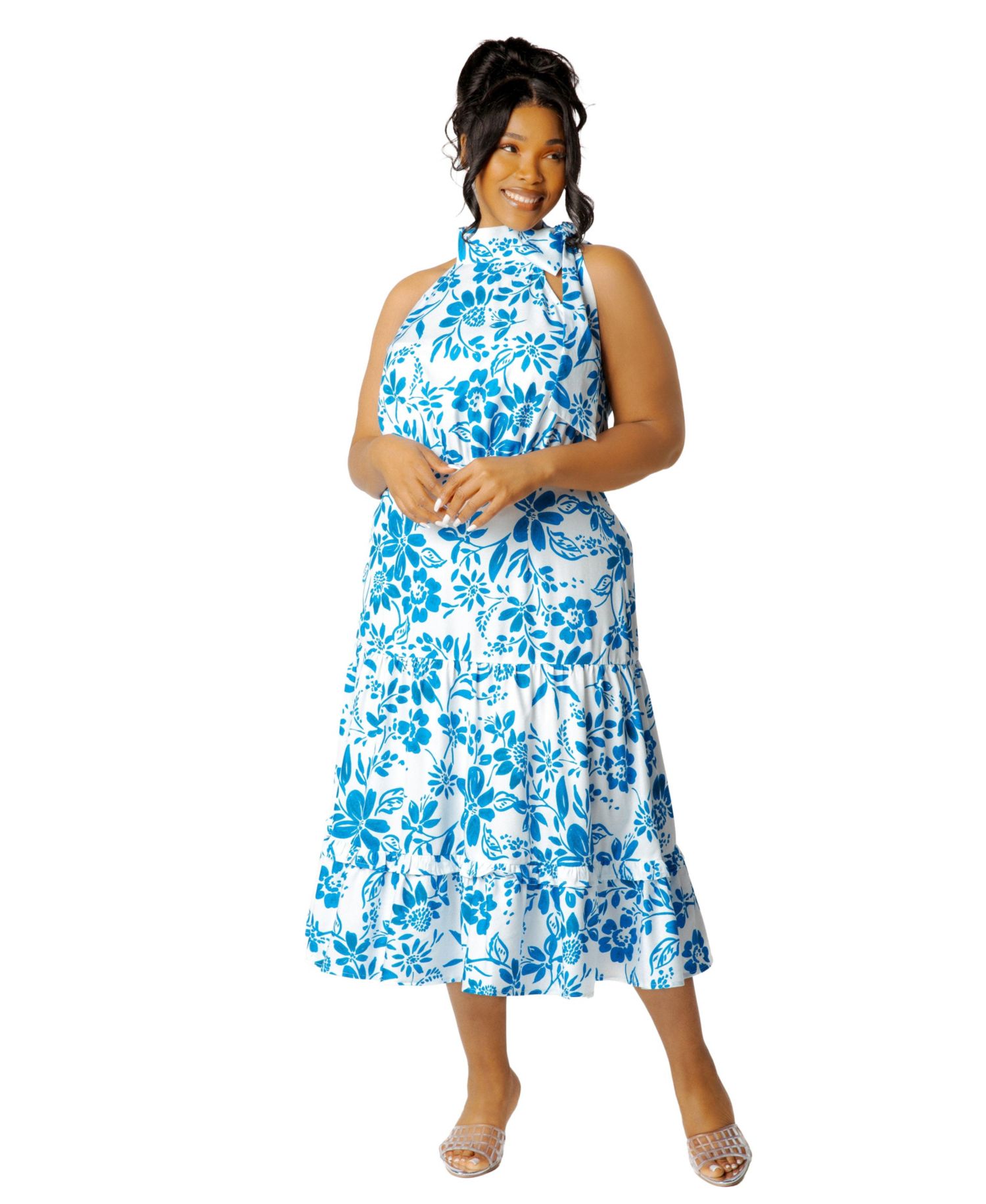 Plus Size Floral Halter Neck Midi Dress