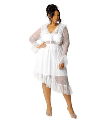 Plus Size Asymmetrical Polka Dot Mesh Ruffle Dress