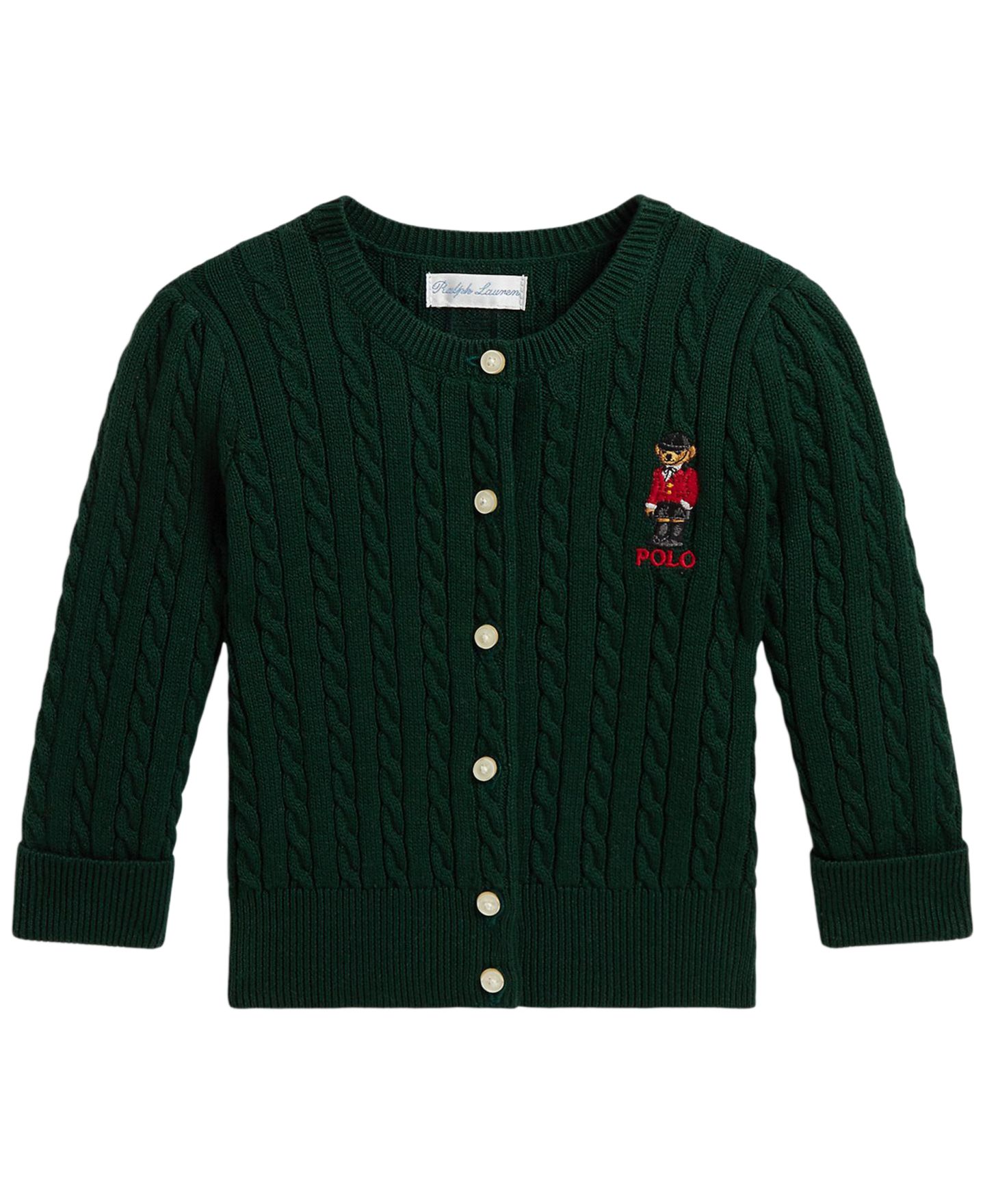 Кардиган Polo Ralph Lauren Polo Bear Mini-Cable Cotton Cardigan Sweater для девочек-малышей, цвет: Мох — фото 1