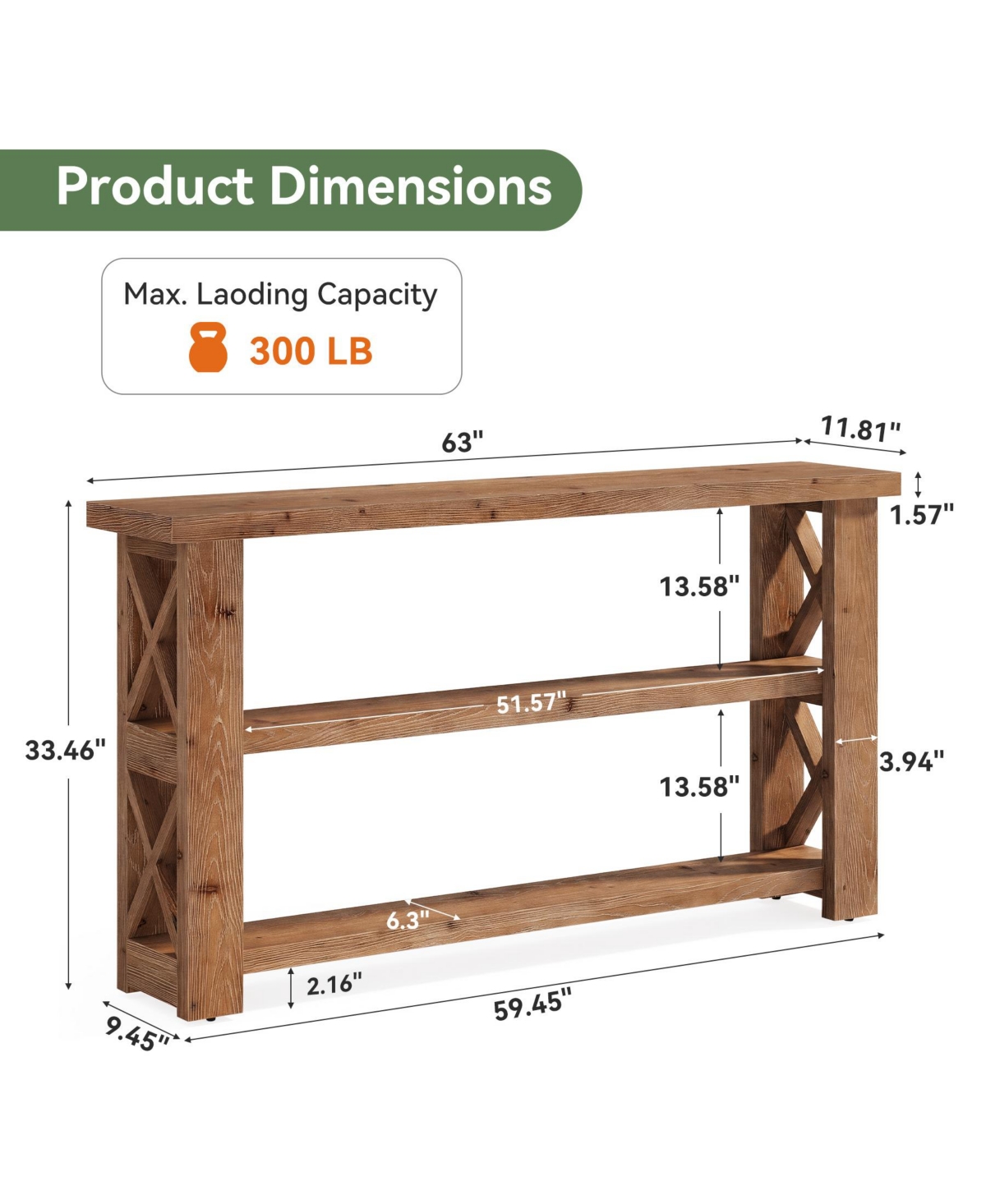 Tribesigns Solid Wood Console Table,63" Sofa Table with X-Shaped Frame