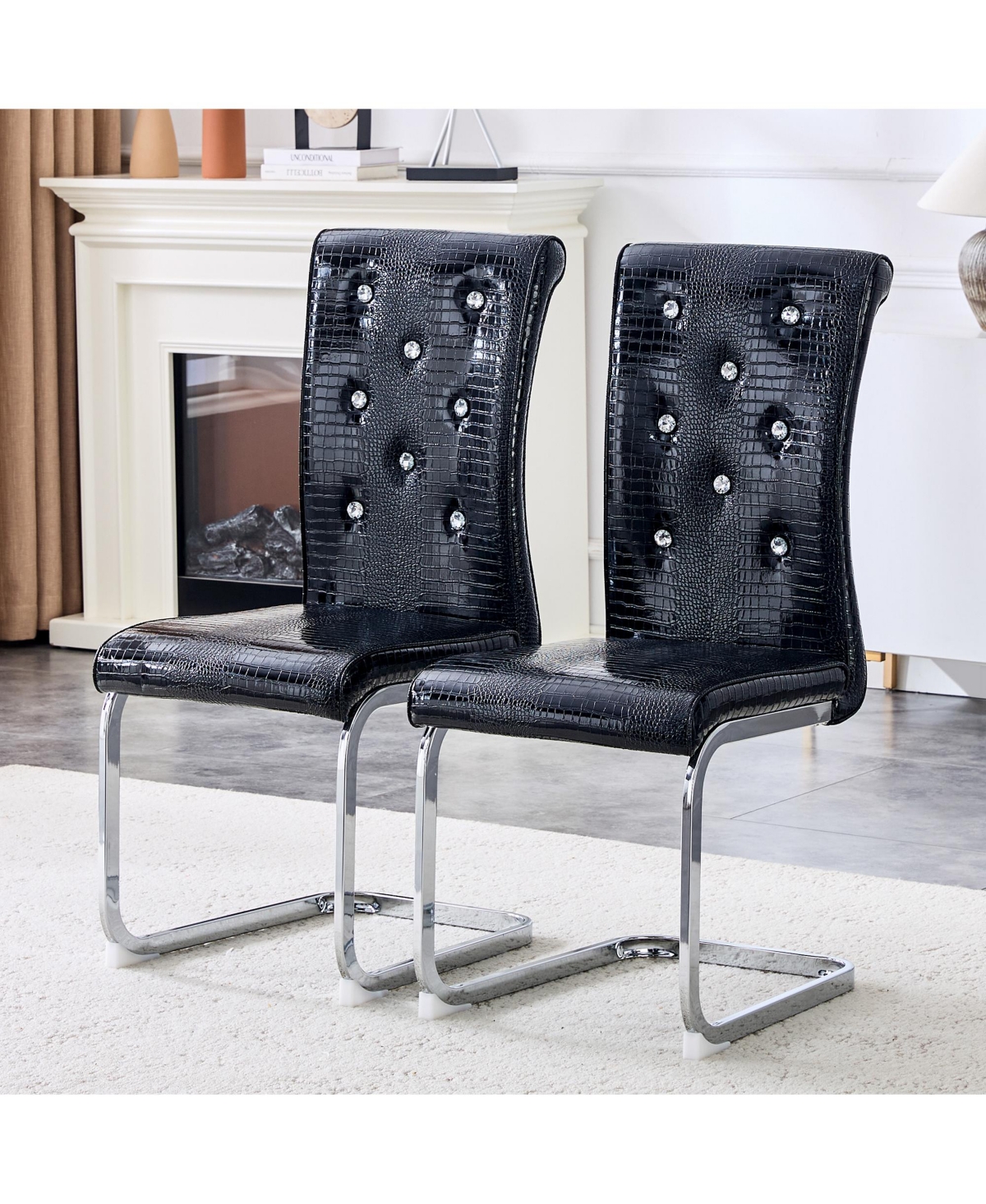 Flynama Set of 2 Retro Faux Alligator Skin Dining Chairs, Pvc Leather Chairs with Crystal Buckle and Electroplated Metal Legs