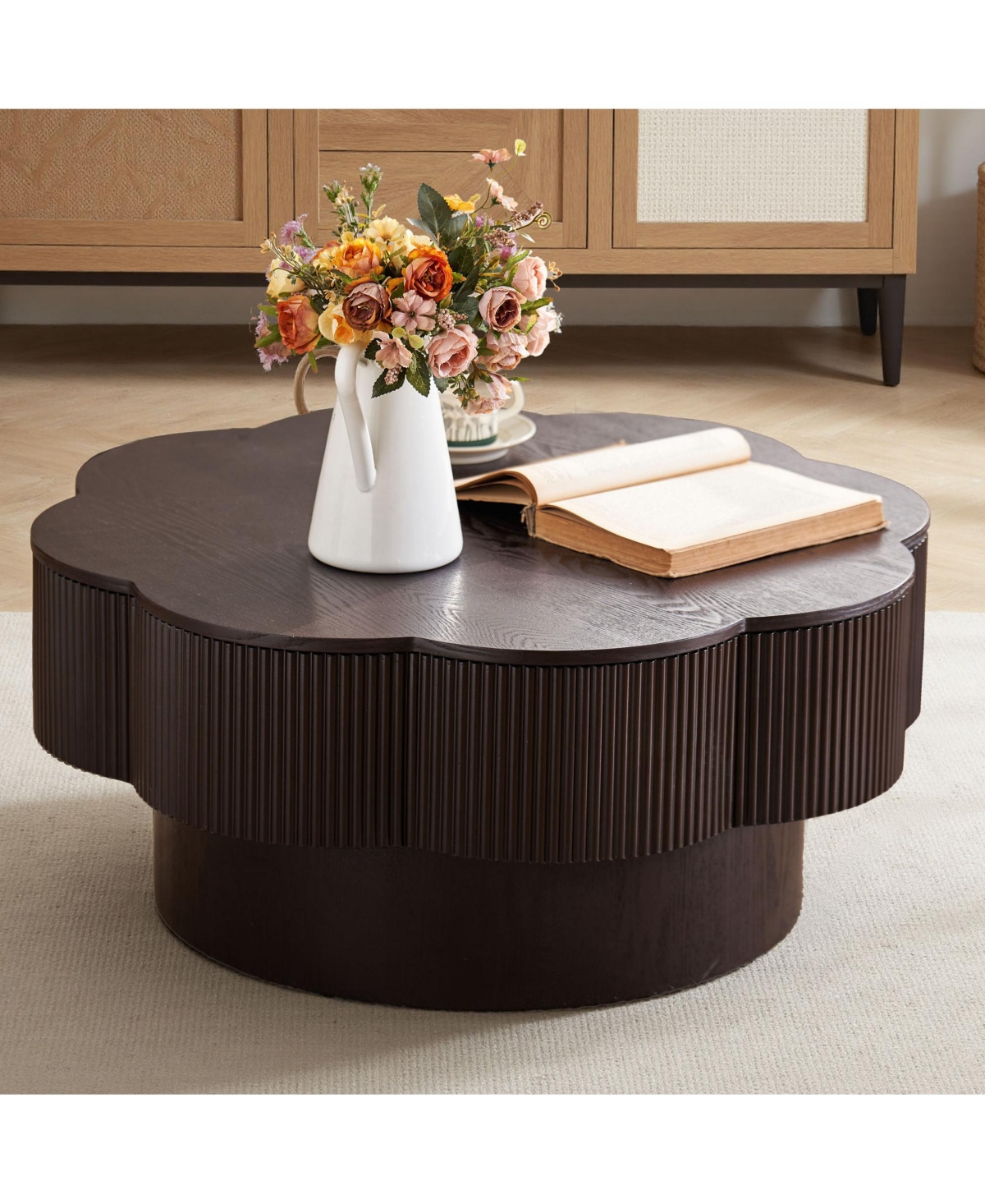 Flynama 31.5" Flower Shaped Coffee Table with Storage Wood Veneer