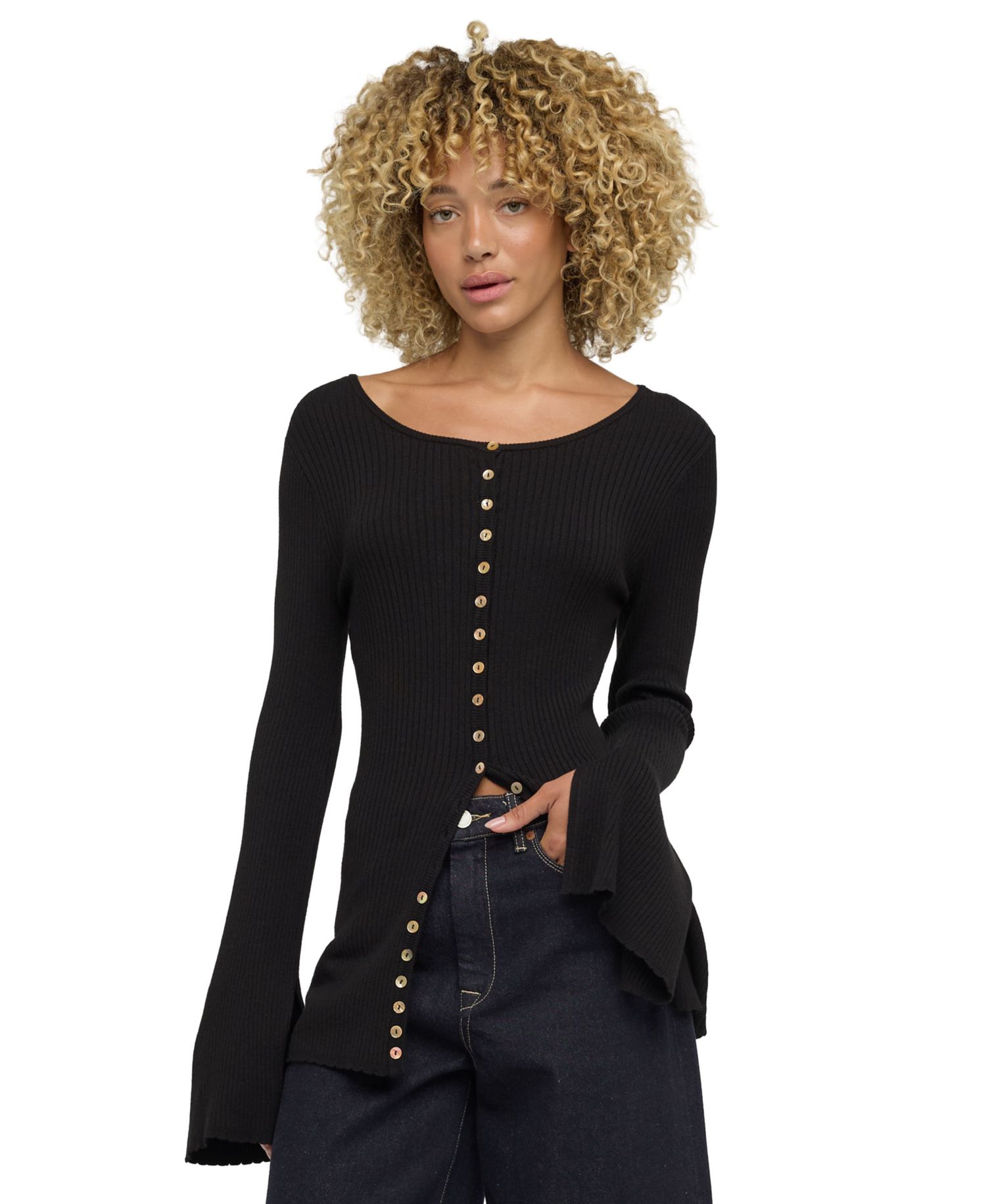 Women's Ribbed-Knit Bell-Sleeve Button-Up Top