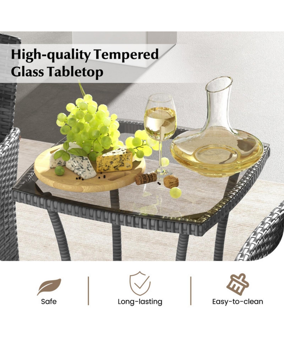 Gouun Patio Furniture Set Cushioned Chairs and Tempered Glass Table