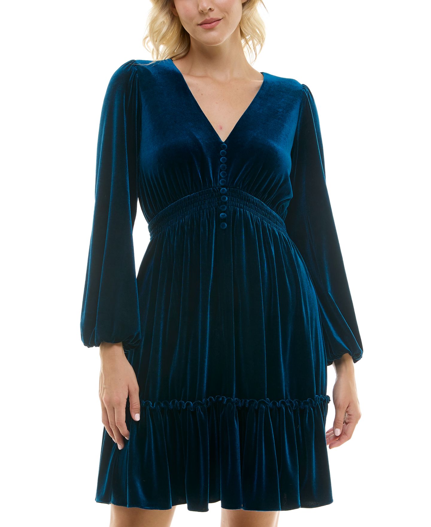Женское платье Taylor Petite V-Neck Smocked-Waist Long-Sleeve Velvet, цвет: Синий — фото 3