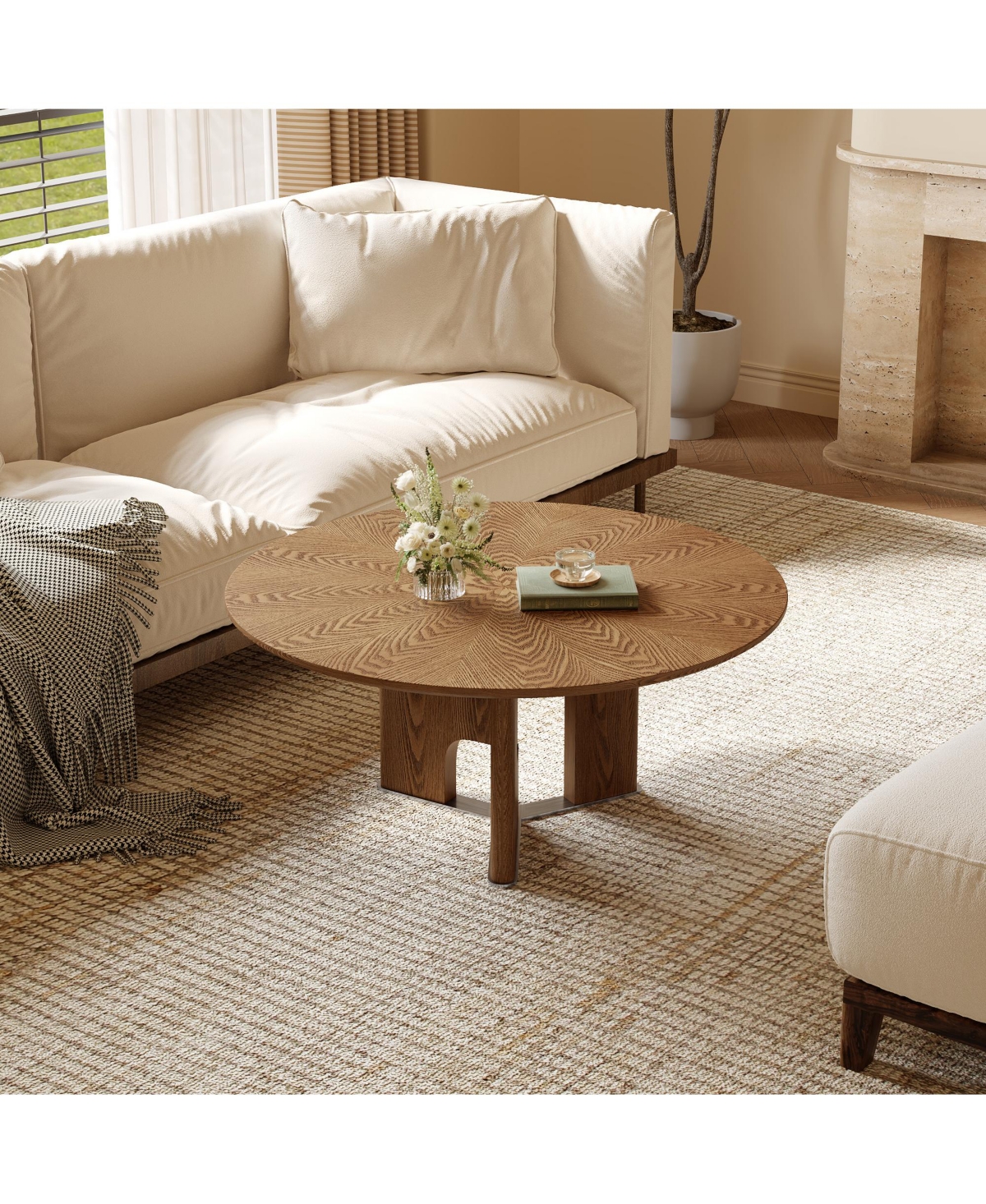 flynama 31.5" Round Ash Wood Veneer Coffee Table