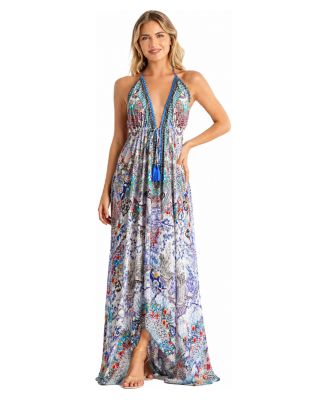 Women's Floral-and-Paisley Patchwork Plunge-Halter Open-Back Maxi Dress